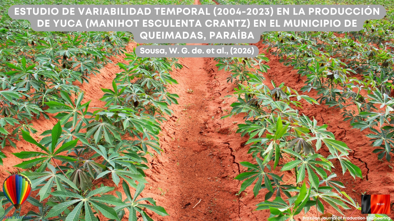 Imagen que muestra una plantación de yuca organizada en hileras, destacando el cultivo agrícola en un suelo expuesto de color rojizo. Se observan grietas en el suelo entre las líneas de plantación, lo que indica posibles variaciones hídricas y condiciones ambientales que influyen directamente en la productividad del cultivo. Las plantas presentan un desarrollo vegetativo típico, con hojas bien distribuidas, lo que refuerza el contexto de producción agrícola a escala regional. La escena está alineada con el estudio de la variabilidad temporal de la producción, considerando factores climáticos, edáficos y de manejo a lo largo de los años. En la parte superior de la imagen aparece el título del artículo “Estudio de la variabilidad temporal (2004–2023) en la producción de yuca (Manihot esculenta Crantz) en el municipio de Queimadas, Paraíba”, junto con los autores Sousa, W. G. de et al. (2026). En la esquina inferior se muestra la identificación de la Brazilian Journal of Production Engineering y el ISSN de la revista.
