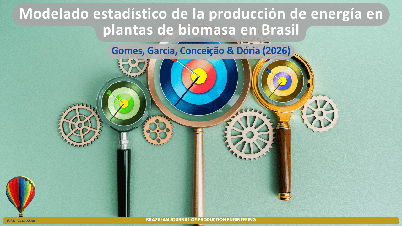 La imagen presenta una composición gráfica con tres lupas de distintos tamaños dirigidas hacia objetivos de colores, rodeadas por engranajes estilizados sobre un fondo de tonos claros. La representación visual hace referencia a la investigación científica, la modelización estadística, el análisis cuantitativo y la búsqueda de patrones y precisión en la interpretación de datos. Los elementos gráficos simbolizan la aplicación de métodos estadísticos para comprender y predecir la producción energética en plantas de biomasa en Brasil, destacando los procesos analíticos, la optimización y el apoyo a la toma de decisiones. En la parte superior se muestra el título del artículo “Modelagem estatística da produção energética em usinas de biomassa no Brasil”, seguido de los autores Gomes, Garcia, Conceição y Dória (2026). En la parte inferior aparecen la identificación de la Brazilian Journal of Production Engineering, el ISSN de la revista y los logotipos de las instituciones colaboradoras.
