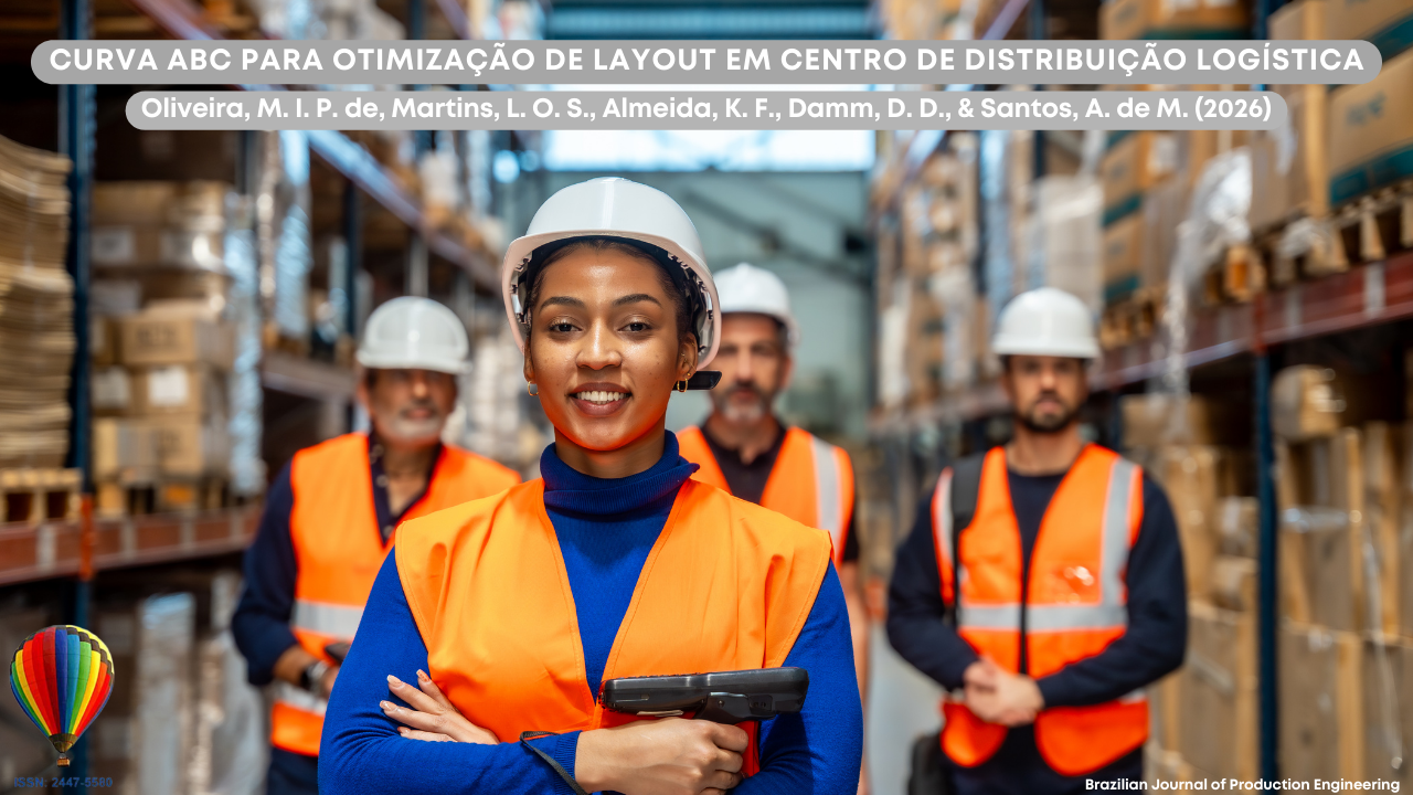 Imagem mostrando uma equipe de profissionais em um centro de distribuição logística. Em primeiro plano, uma mulher usando capacete branco e colete laranja de segurança segura um coletor de dados e sorri para a câmera. Ao fundo, outros três trabalhadores também utilizam capacetes e coletes refletivos, cercados por prateleiras altas com caixas organizadas. Na parte superior, aparece o título do artigo “Curva ABC para otimização de layout em centro de distribuição logística”, acompanhado dos nomes dos autores e da identificação da Brazilian Journal of Production Engineering.