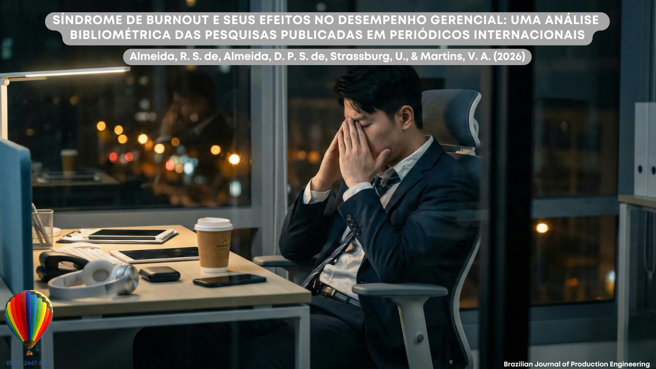 Imagem mostrando um profissional sentado em um escritório durante a noite, com a cidade iluminada ao fundo. Ele está de terno, sentado diante de um computador, com as mãos cobrindo o rosto, demonstrando sinais de exaustão ou estresse. Sobre a mesa há um copo de café, celular, tablet e fones de ouvido. Na parte superior, aparece o título do artigo “Síndrome de Burnout e seus efeitos no desempenho gerencial: uma análise bibliométrica das pesquisas publicadas em periódicos internacionais”, acompanhado dos nomes dos autores e da identificação da Brazilian Journal of Production Engineering.