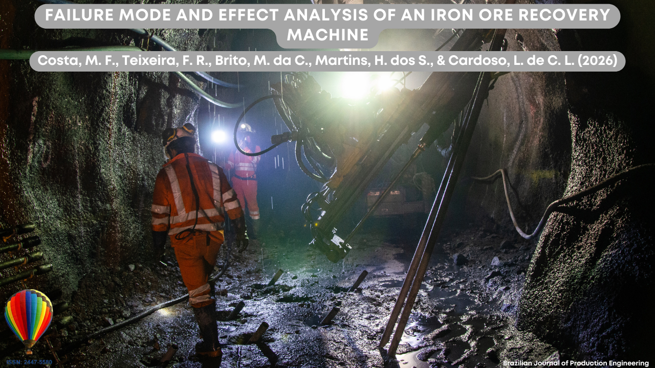 Image depicting an underground mining environment, with workers wearing personal protective equipment operating inside a rocky tunnel. A drilling or excavation machine can be seen in operation, along with strong artificial lighting that highlights the harsh conditions of the site, such as humidity, mud, and confined space. The scene suggests activities related to mineral extraction and maintenance of heavy equipment. At the top of the image appears the article title “Failure Mode and Effect Analysis in an Iron Ore Reclaiming Machine,” along with the authors Costa, M. F., Teixeira, F. R., Brito, M. da C., Martins, H. dos S., and Cardoso, L. de C. L. (2026). In the lower corner appears the identification of the Brazilian Journal of Production Engineering and the journal’s ISSN.