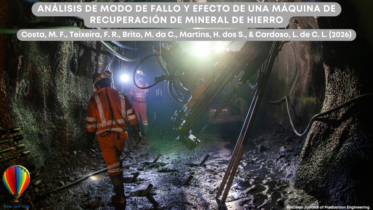 Imagen que representa un entorno de minería subterránea, con trabajadores utilizando equipos de protección personal dentro de un túnel rocoso. Se observa la presencia de una máquina de perforación o excavación en operación, así como una iluminación artificial intensa que evidencia las condiciones adversas del lugar, como humedad, barro y espacio confinado. La escena sugiere actividades relacionadas con la extracción de minerales y el mantenimiento de equipos pesados. En la parte superior de la imagen aparece el título del artículo “Análisis de modo y efecto de falla en una máquina recuperadora de mineral de hierro”, junto con los autores Costa, M. F., Teixeira, F. R., Brito, M. da C., Martins, H. dos S. y Cardoso, L. de C. L. (2026). En la esquina inferior se muestra la identificación de la Brazilian Journal of Production Engineering y el ISSN de la revista.