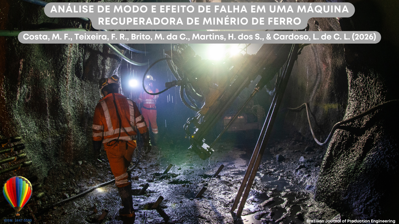 Imagem que retrata um ambiente de mineração subterrânea, com trabalhadores utilizando equipamentos de proteção individual em operação dentro de um túnel rochoso. Observa-se a presença de uma máquina de perfuração ou escavação em atividade, além de iluminação artificial intensa que evidencia as condições adversas do local, como umidade, lama e espaço confinado. A cena sugere atividades relacionadas à extração mineral e manutenção de equipamentos pesados. Na parte superior da imagem está o título do artigo “Análise de modo e efeito de falha em uma máquina recuperadora de minério de ferro”, acompanhado dos autores Costa, M. F., Teixeira, F. R., Brito, M. da C., Martins, H. dos S., e Cardoso, L. de C. L. (2026). No canto inferior encontra-se a identificação da Brazilian Journal of Production Engineering e o ISSN da revista.