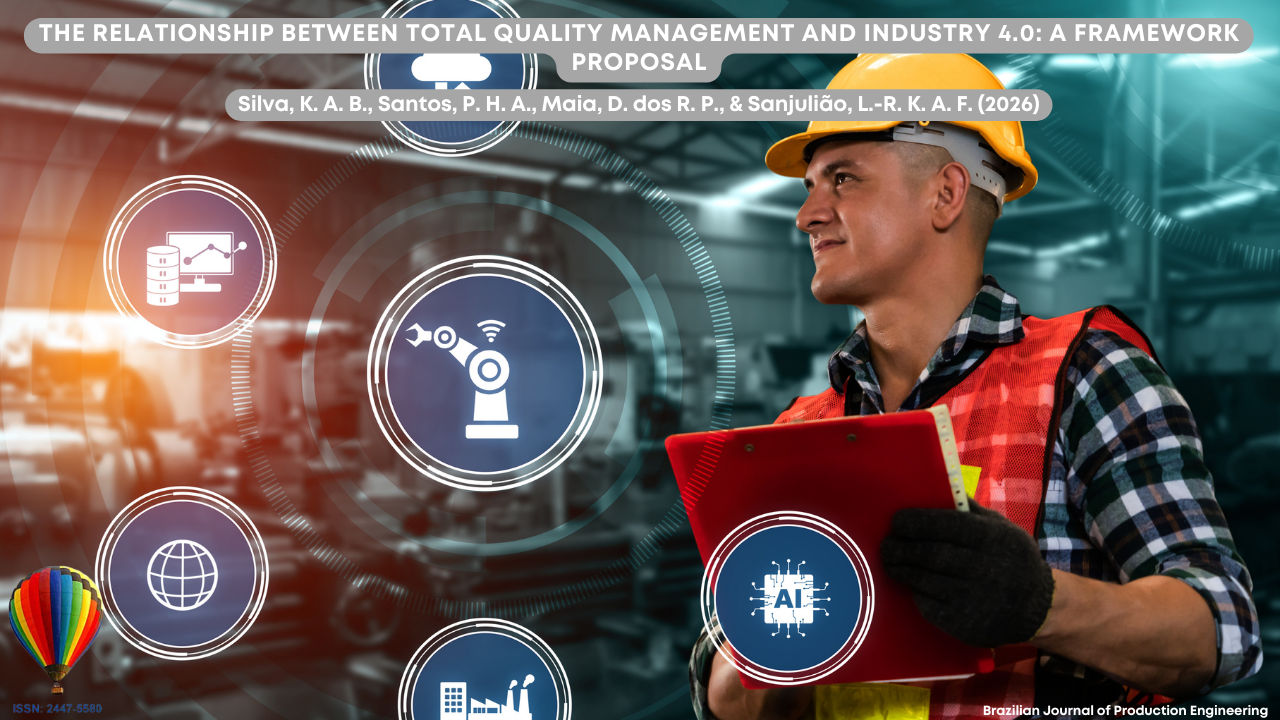 Image representing a modern industrial environment associated with the concepts of Industry 4.0. In the foreground, a worker wearing a safety helmet and protective equipment holds a clipboard, suggesting activities related to inspection, control, or supervision of production processes. Surrounding the scene are digital graphical elements with icons representing industrial automation, artificial intelligence, data analysis, connectivity, and global information systems. In the background, a factory environment with industrial machines and equipment can be seen, reinforcing the context of digital transformation in industry. At the top of the image appears the article title “The Relationship Between Total Quality Management and Industry 4.0: A Proposal for a Theoretical Model,” along with the authors Silva, K. A. B., Santos, P. H. A., Maia, D. dos R. P., and Sanjulião, L.-R. K. A. F. (2026). In the lower corner, the identification of the Brazilian Journal of Production Engineering and the journal’s ISSN is displayed.