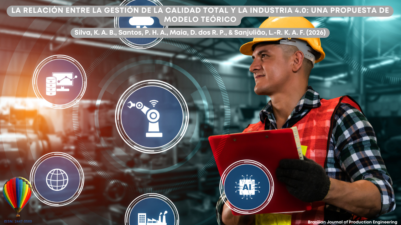 Imagen que representa un entorno industrial moderno asociado a los conceptos de la Industria 4.0. En primer plano, un trabajador utiliza casco de seguridad y equipo de protección mientras sostiene una carpeta, lo que sugiere actividades de inspección, control o supervisión de procesos productivos. Alrededor de la escena aparecen elementos gráficos digitales con iconos que representan automatización industrial, inteligencia artificial, análisis de datos, conectividad y sistemas globales de información. En el fondo se observa un ambiente fabril con máquinas y equipos industriales, reforzando el contexto de transformación digital en la industria. En la parte superior de la imagen aparece el título del artículo “La relación entre la gestión de la calidad total y la Industria 4.0: una propuesta de modelo teórico”, junto con los autores Silva, K. A. B., Santos, P. H. A., Maia, D. dos R. P. y Sanjulião, L.-R. K. A. F. (2026). En la esquina inferior se muestra la identificación de la Brazilian Journal of Production Engineering y el ISSN de la revista.