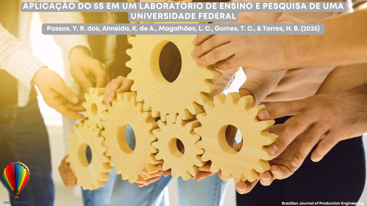 Imagem que apresenta várias pessoas reunidas em grupo, cada uma segurando grandes engrenagens de madeira que se encaixam entre si. As engrenagens representam colaboração, organização e trabalho em equipe. A iluminação é quente, destacando as mãos e a textura da madeira. Na parte superior, está o título do artigo: “Aplicação do 5S em um laboratório de ensino e pesquisa de uma universidade federal”, acompanhado dos nomes dos autores e da identificação da Brazilian Journal of Production Engineering.
