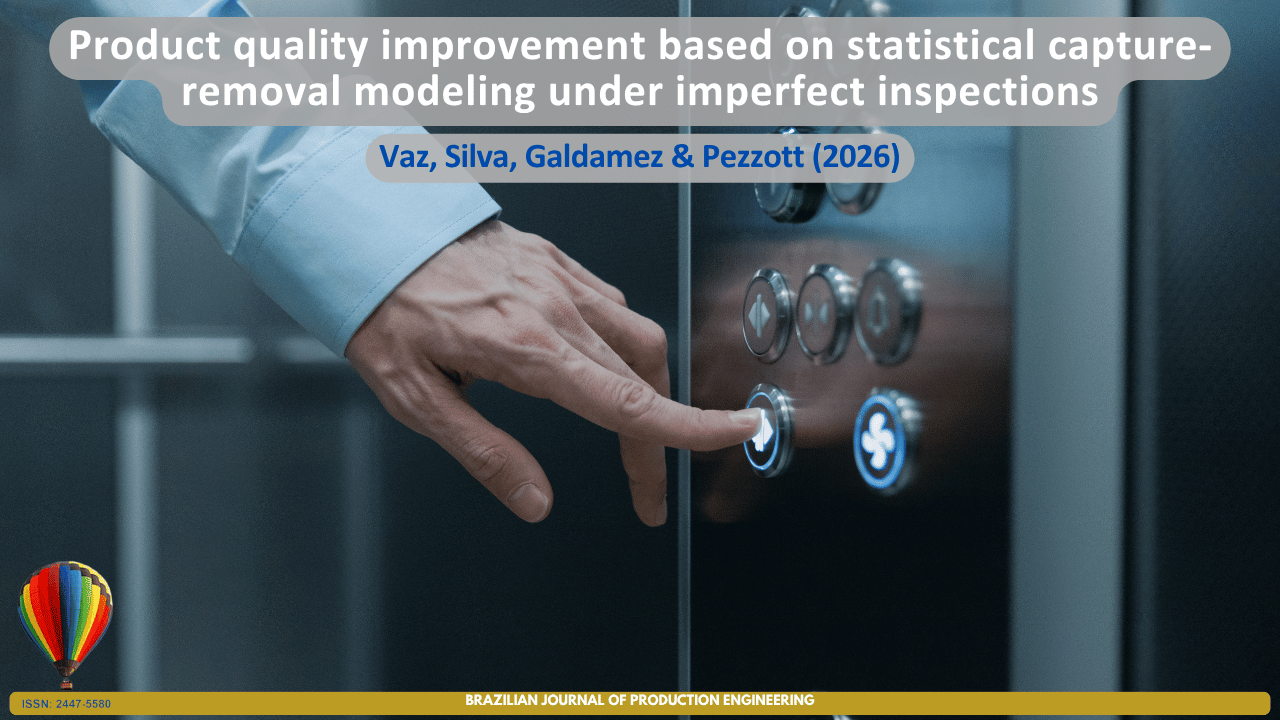 The image depicts a brushed stainless-steel elevator control panel being operated by a human hand, with emphasis on an illuminated button, symbolizing a decision-making process based on selection and inspection. The visual composition evokes the concept of capturing and removing specific events or items within a system, establishing an analogy with statistical models applied to quality control in production environments. The scene represents the use of quantitative techniques to improve product quality through statistical capture-removal modeling under imperfect inspection conditions, contributing to failure reduction, enhanced reliability, and optimized operational performance. At the top, the article title “Improving Product Quality through Statistical Capture-Removal Modeling under Imperfect Inspections” is displayed, followed by the authors Vaz, Silva, Galdamez & Pezzott (2026). At the bottom, the identification of the Brazilian Journal of Production Engineering and the journal’s ISSN are shown.