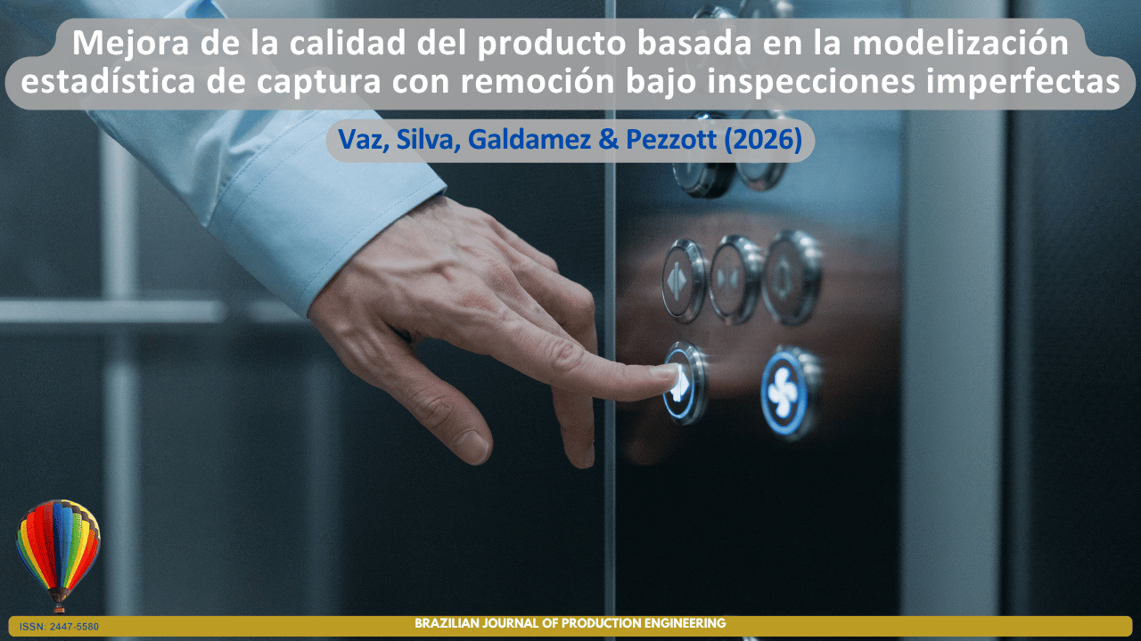 La imagen muestra un panel de control de ascensor de acero inoxidable siendo accionado por una mano humana, con énfasis en un botón iluminado, simbolizando un proceso de decisión basado en selección e inspección. La composición visual hace referencia al concepto de captura y eliminación de eventos o elementos específicos dentro de un sistema, estableciendo una analogía con los modelos estadísticos aplicados al control de calidad en entornos productivos. El escenario representa el uso de técnicas cuantitativas para mejorar la calidad del producto mediante modelos estadísticos de captura con remoción bajo condiciones de inspección imperfecta, contribuyendo a la reducción de fallas, el aumento de la confiabilidad y la optimización del desempeño operacional. En la parte superior se presenta el título del artículo “Melhoria da qualidade do produto a partir da modelagem estatística de captura com remoção em inspeções imperfeitas”, seguido de los autores Vaz, Silva, Galdamez & Pezzott (2026). En la parte inferior se muestra la identificación de la Brazilian Journal of Production Engineering y el ISSN de la revista.
