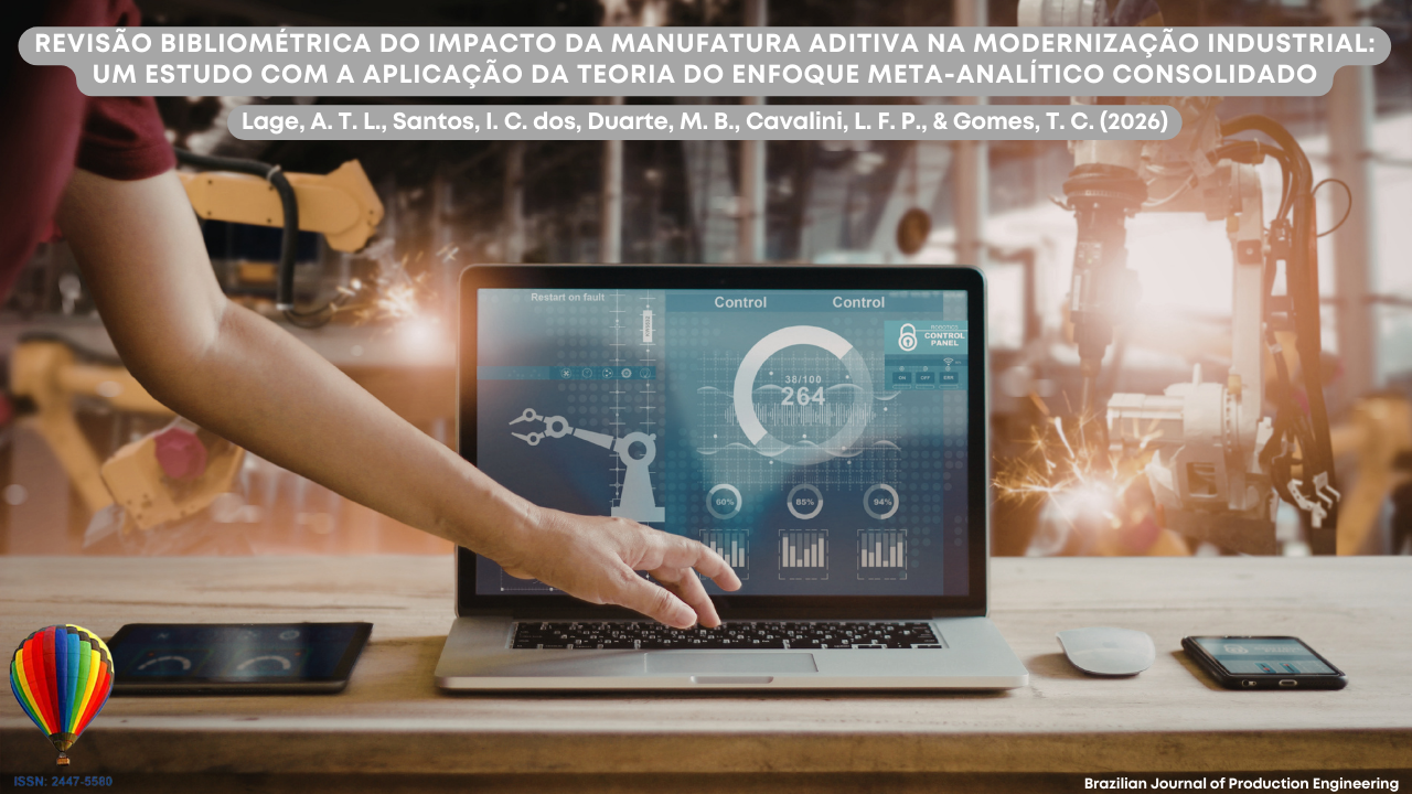 Imagem representando um ambiente de manufatura industrial avançada. Em primeiro plano, uma pessoa interage com um computador portátil exibindo uma interface digital com gráficos, indicadores de desempenho e representações de braços robóticos, sugerindo monitoramento de processos produtivos automatizados. Ao fundo, aparecem braços robóticos em operação com faíscas de soldagem, indicando atividades industriais automatizadas típicas da Indústria 4.0. Sobre a mesa também há um tablet, um mouse e um smartphone, reforçando o uso de tecnologias digitais integradas. Na parte superior da imagem está o título do artigo “Revisão bibliométrica do impacto da manufatura aditiva na modernização industrial: um estudo com a aplicação da teoria do enfoque meta-analítico consolidado”, acompanhado dos autores Lage, A. T. L., Santos, I. C. dos, Duarte, M. B., Cavalini, L. F. P., e Gomes, T. C. (2026). No canto inferior aparece a identificação da Brazilian Journal of Production Engineering e o ISSN da revista.