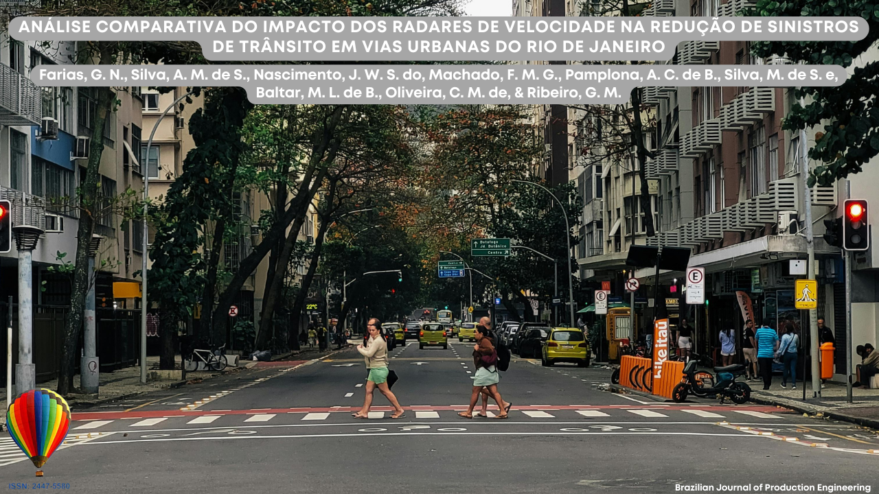 Imagem mostrando uma via urbana arborizada no Rio de Janeiro, com prédios residenciais e comerciais ao longo da rua. Em primeiro plano, duas pessoas atravessam a faixa de pedestres enquanto o semáforo está vermelho para os veículos. Ao fundo, há carros circulando, sinalizações de trânsito e placas indicativas. Na parte superior, aparece o título do artigo “Análise comparativa do impacto dos radares de velocidade na redução de sinistros de trânsito em vias urbanas do Rio de Janeiro”, acompanhado dos nomes dos autores e da identificação da Brazilian Journal of Production Engineering.