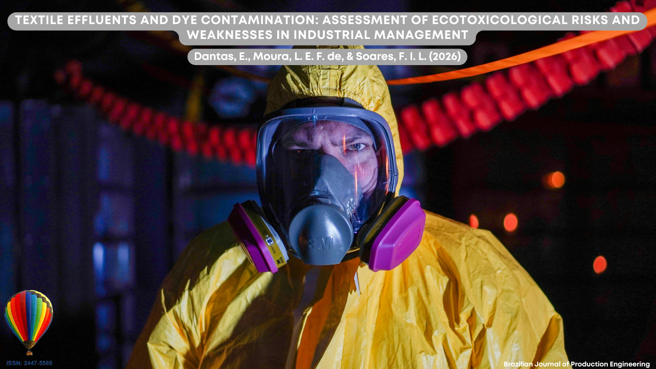 Image showing a professional wearing full chemical protective equipment in an industrial environment. The individual is dressed in a yellow protective suit and a respirator mask with filters and a transparent face shield, suggesting potential exposure to hazardous substances. In the background, there are blurred industrial elements with strong lighting, including hoses and structures that resemble production processes. At the top of the image appears the article title: “Textile Effluents and Dye Contamination: Assessment of Ecotoxicological Risks and Weaknesses in Industrial Management,” along with the authors Dantas, E., Moura, L. E. F. de, and Soares, F. I. L. (2026). In the lower corner, the identification of the Brazilian Journal of Production Engineering and the journal’s ISSN is displayed.