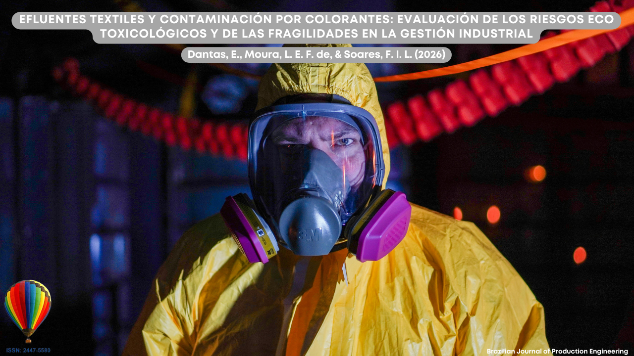 Imagen que muestra a un profesional utilizando equipo completo de protección química en un entorno industrial. Viste un traje de protección amarillo y una máscara respiratoria con filtros y visor transparente, lo que sugiere exposición potencial a sustancias peligrosas. En el fondo se observan elementos industriales desenfocados con iluminación intensa, incluyendo mangueras y estructuras que sugieren procesos productivos. En la parte superior aparece el título del artículo: “Efluentes textiles y contaminación por colorantes: evaluación de los riesgos ecotoxicológicos y de las fragilidades en la gestión industrial”, junto con los autores Dantas, E., Moura, L. E. F. de y Soares, F. I. L. (2026). En la esquina inferior se muestra la identificación de la Brazilian Journal of Production Engineering y el ISSN de la revista.