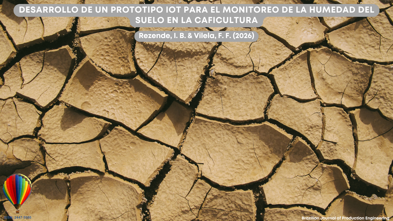 Imagen que muestra un suelo extremadamente seco y agrietado, evidenciando condiciones de déficit hídrico y estrés ambiental. Las grietas profundas e irregulares en el terreno indican una ausencia prolongada de humedad, un escenario crítico para actividades agrícolas como la caficultura. La representación visual refuerza la importancia del monitoreo de la humedad del suelo, especialmente mediante tecnologías como IoT, para optimizar el uso de los recursos hídricos y mejorar la productividad agrícola. En la parte superior de la imagen aparece el título del artículo “Desarrollo de un prototipo IoT para el monitoreo de la humedad del suelo en la caficultura”, junto con los autores Rezende, I. B. y Vilela, F. F. (2026). En la esquina inferior se muestra la identificación de la Brazilian Journal of Production Engineering y el ISSN de la revista.