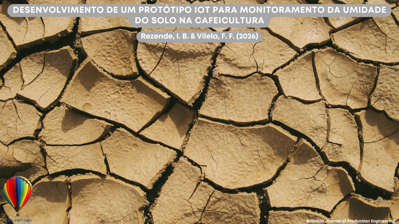 magem que apresenta um solo extremamente seco e rachado, evidenciando condições de déficit hídrico e estresse ambiental. As fissuras profundas e irregulares no terreno indicam ausência prolongada de umidade, cenário crítico para atividades agrícolas como a cafeicultura. A representação visual reforça a importância do monitoramento da umidade do solo, especialmente por meio de tecnologias como IoT, para otimizar o uso de recursos hídricos e melhorar a produtividade agrícola. Na parte superior da imagem está o título do artigo “Desenvolvimento de um protótipo IoT para monitoramento da umidade do solo na cafeicultura”, acompanhado dos autores Rezende, I. B., e Vilela, F. F. (2026). No canto inferior encontra-se a identificação da Brazilian Journal of Production Engineering e o ISSN da revista.