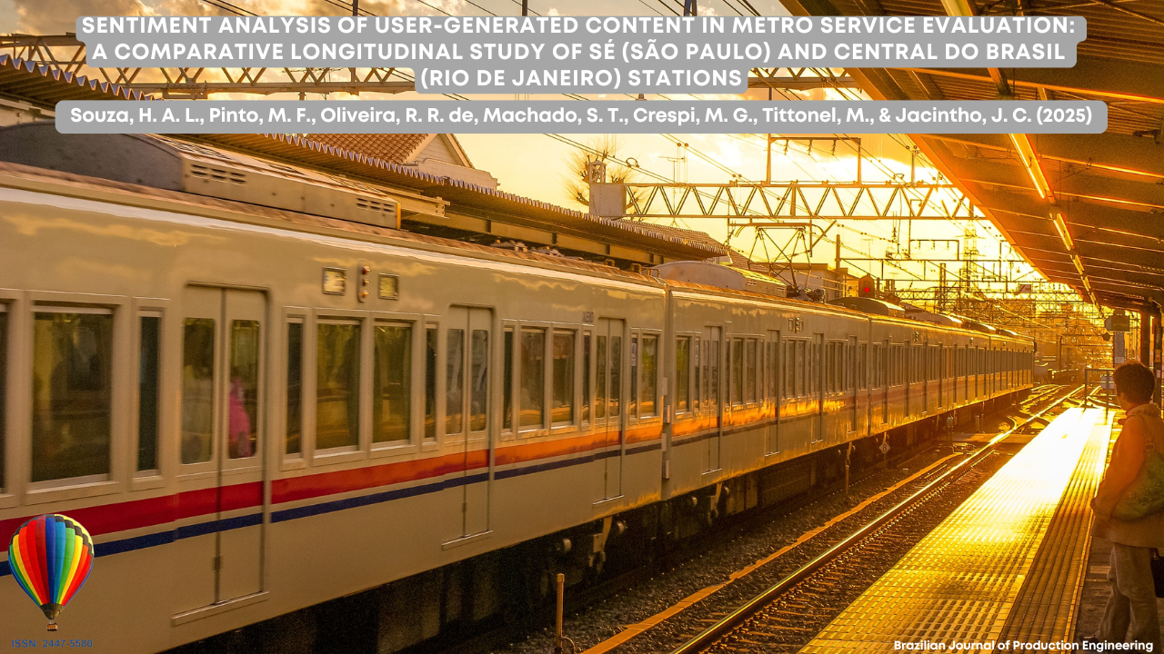 Image showing a metro train stopped at a platform during sunset, with golden light illuminating the station. A passenger stands on the right side waiting beside the tracks. Overlaid at the top is the article title: “Sentiment Analysis of User-Generated Content in the Evaluation of Metro Services: A Longitudinal Comparative Study Between Sé Station (São Paulo) and Central do Brasil (Rio de Janeiro),” along with the authors’ names and the logo of the Brazilian Journal of Production Engineering.