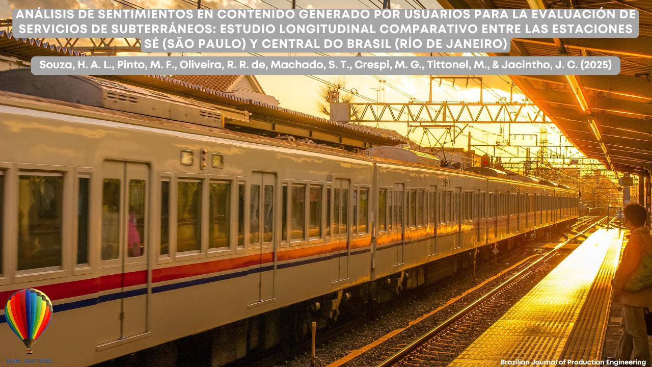 Imagen que muestra un tren del metro detenido en un andén al atardecer, con una luz dorada que ilumina toda la estación. Un pasajero se encuentra a la derecha esperando junto a las vías. En la parte superior aparece el título del artículo: “Análisis de sentimientos del contenido generado por usuarios en la evaluación de servicios del metro: un estudio longitudinal comparativo entre la estación Sé (São Paulo) y Central do Brasil (Río de Janeiro)”, junto con los nombres de los autores y el logotipo de la Brazilian Journal of Production Engineering.