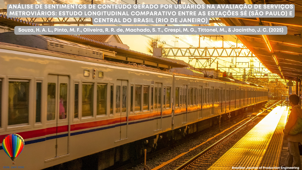 Imagem que mostra um trem de metrô parado em uma plataforma durante o pôr do sol, com a luz dourada iluminando a estação. Um passageiro está à direita aguardando ao lado dos trilhos. Na parte superior, aparece o título do artigo: “Análise de sentimentos de conteúdo gerado por usuários na avaliação de serviços metroviários: estudo longitudinal comparativo entre as estações Sé (São Paulo) e Central do Brasil (Rio de Janeiro)”, acompanhado dos nomes dos autores e do logotipo da Brazilian Journal of Production Engineering.