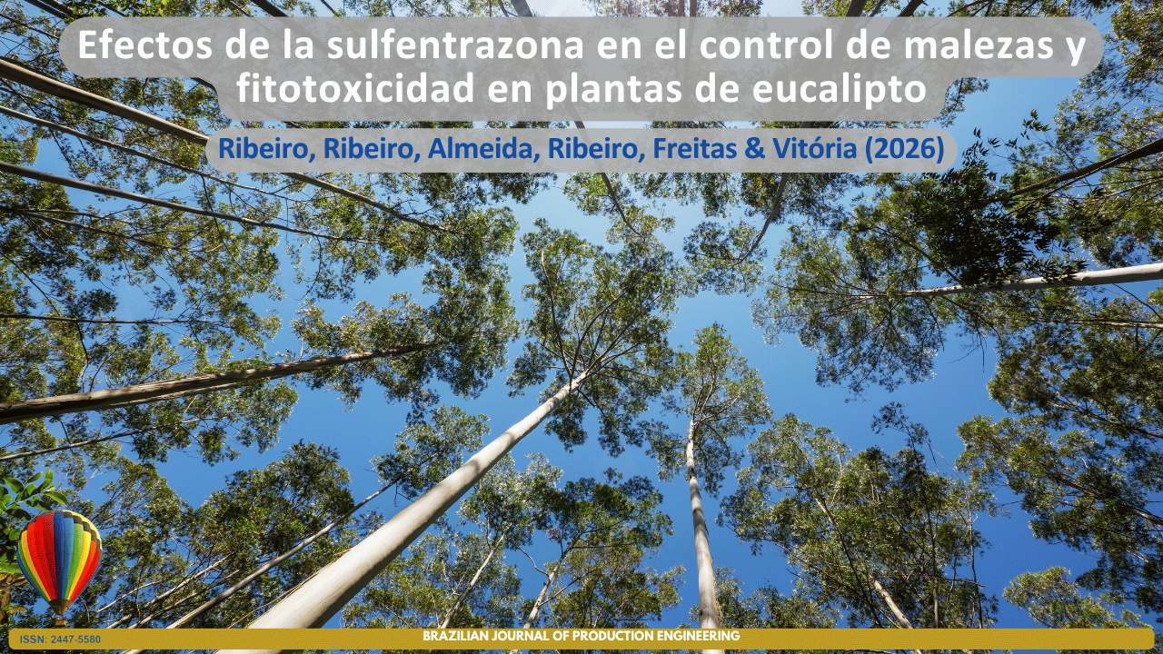 Portada del artículo "Efectos del sulfentrazone en el control de malezas y la fitotoxicidad en plantas de eucalipto". La imagen muestra una vista desde abajo hacia arriba de una plantación de eucaliptos, con altos troncos y copas verdes bajo un cielo azul, simbolizando el manejo forestal, el control de malezas y la evaluación de los efectos de los herbicidas sobre el crecimiento y la salud de las plantas de eucalipto.