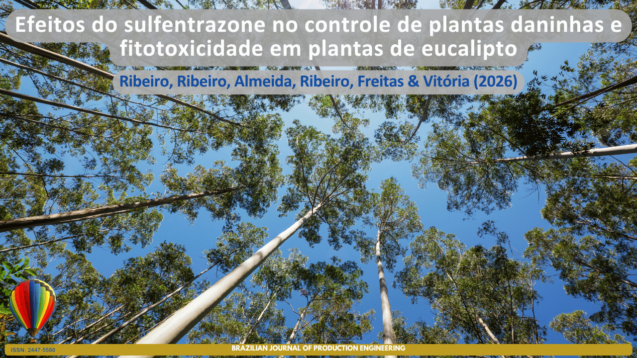 Capa do artigo "Efeitos do sulfentrazone no controle de plantas daninhas e fitotoxicidade em plantas de eucalipto". A imagem apresenta uma vista de baixo para cima de um plantio de eucalipto, com troncos altos e copas verdes sob um céu azul, simbolizando o manejo florestal, o controle de plantas daninhas e a avaliação dos efeitos de herbicidas sobre o desenvolvimento e a saúde das plantas de eucalipto.
