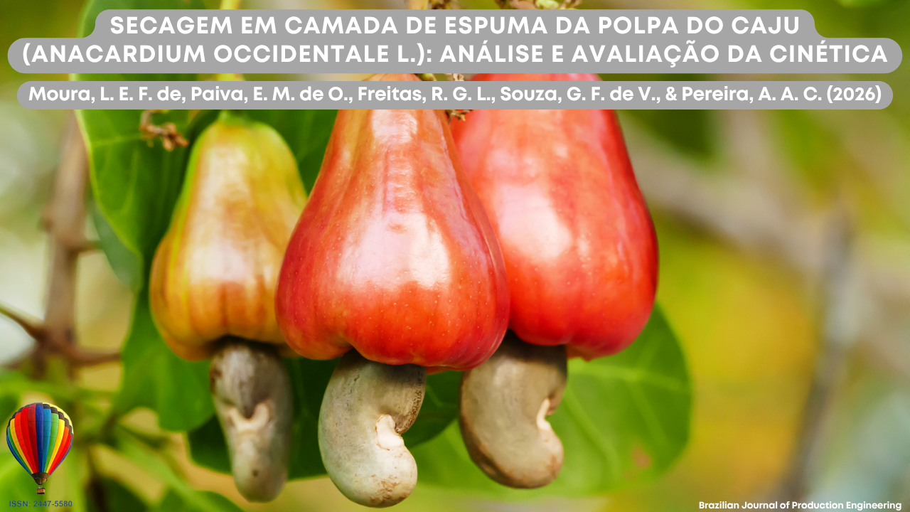 Imagem que apresenta frutos de caju em diferentes estágios de maturação, destacando o pedúnculo carnoso de coloração avermelhada e amarelada, bem como a castanha acoplada na extremidade inferior. O enquadramento em primeiro plano valoriza as características físicas e a qualidade do fruto, diretamente relacionadas ao processamento agroindustrial. A representação visual dialoga com o estudo da secagem em camada de espuma da polpa do caju, técnica utilizada para aumentar a estabilidade, facilitar o armazenamento e preservar propriedades físico-químicas do produto. A composição também remete à análise da cinética de secagem, fundamental para a otimização de processos na engenharia de alimentos. Na parte superior da imagem está o título do artigo “Secagem em camada de espuma da polpa do caju (Anacardium occidentale L.): análise e avaliação da cinética”, acompanhado dos autores Moura, L. E. F. de, Paiva, E. M. de O., Freitas, R. G. L., Souza, G. F. de V., e Pereira, A. A. C. (2026). No canto inferior encontra-se a identificação da Brazilian Journal of Production Engineering e o ISSN da revista.
