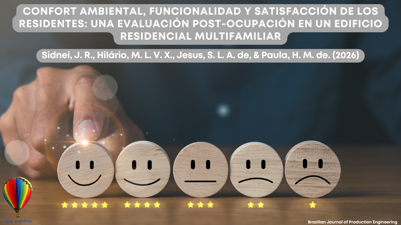 Imagen que representa la evaluación de la satisfacción de los residentes mediante una escala visual de emociones, que va desde muy satisfecho hasta insatisfecho. En primer plano, íconos circulares con expresiones faciales simbolizan diferentes niveles de percepción de los usuarios, mientras una mano interactúa con el indicador de mayor satisfacción, sugiriendo análisis y medición del confort ambiental. La presencia de estrellas refuerza la idea de evaluación cuantitativa, común en estudios post-ocupacionales. La composición se relaciona con el análisis de la funcionalidad, la calidad percibida y el desempeño de edificaciones residenciales multifamiliares desde la perspectiva de los usuarios. En la parte superior de la imagen aparece el título del artículo “Confort ambiental, funcionalidad y satisfacción de los residentes: una evaluación post-ocupacional en edificaciones residenciales multifamiliares”, junto con los autores Sidnei, J. R., Hilário, M. L. V. X., Jesus, S. L. A. de y Paula, H. M. de (2026). En la esquina inferior se muestra la identificación de la Brazilian Journal of Production Engineering y el ISSN de la revista.