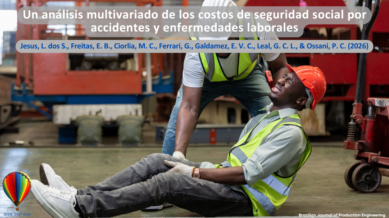 La imagen muestra un entorno industrial en el que un trabajador, utilizando equipos de protección personal, brinda asistencia a un compañero que ha sufrido un accidente laboral. La escena evidencia los riesgos inherentes a las actividades productivas y refuerza la importancia de la seguridad laboral, la prevención de accidentes y la gestión de la salud ocupacional. La representación visual se relaciona con el análisis de los costos previsionales asociados a accidentes y enfermedades laborales, destacando la relevancia de enfoques cuantitativos y multivariados para comprender los impactos económicos y sociales en los sistemas productivos. En la parte superior se presenta el título del artículo “Un análisis multivariado de los costos previsionales de accidentes y enfermedades ocupacionales”, seguido de los autores Jesus, L. dos S., Freitas, E. B., Ciorlia, M. C., Ferrari, G., Galdamez, E. V. C., Leal, G. C. L., y Ossani, P. C. (2026). En la esquina inferior se muestra la identificación de la Brazilian Journal of Production Engineering y el ISSN de la revista.