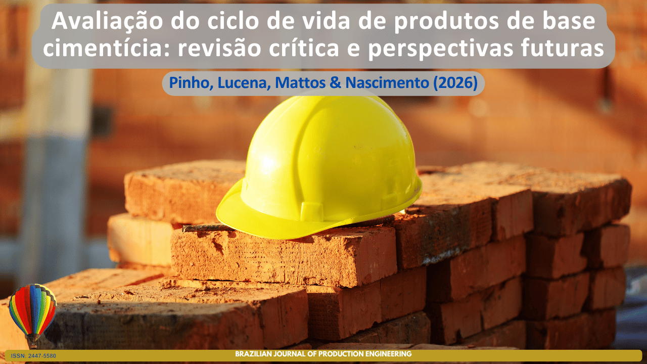Capa do artigo "Avaliação do ciclo de vida de produtos de base cimentícia: revisão crítica e perspectivas futuras". A imagem mostra um capacete de segurança amarelo apoiado sobre uma pilha de tijolos em um ambiente de construção civil, simbolizando a análise dos impactos ambientais, a sustentabilidade dos materiais cimentícios e a busca por melhorias ao longo de todo o ciclo de vida dos produtos da construção.