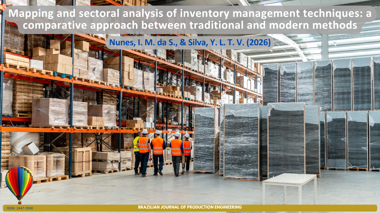 Cover image for the article "Mapping and Sectoral Analysis of Inventory Management Techniques: A Comparative Approach Between Traditional and Modern Methods." The image depicts a large warehouse with high storage racks filled with palletized goods and a team of workers conducting inspection and management activities. The scene symbolizes inventory control processes, logistics organization, and the evolution of inventory management techniques from conventional methods to modern, data-driven, and technology-supported approaches.