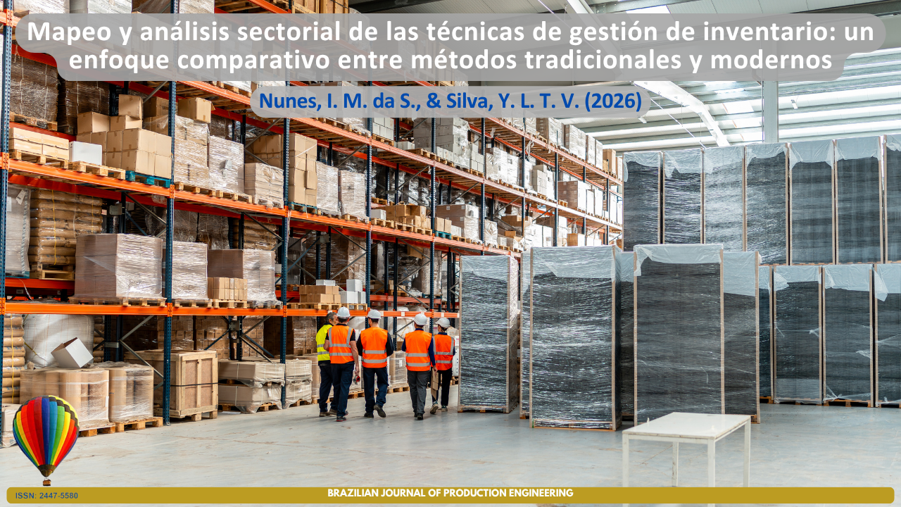 Portada del artículo "Mapeo y análisis sectorial de técnicas de gestión de inventarios: un enfoque comparativo entre métodos tradicionales y modernos". La imagen muestra un gran centro de almacenamiento con estanterías elevadas llenas de productos paletizados y un equipo de trabajadores realizando actividades de inspección y gestión. La escena simboliza los procesos de control de inventarios, la organización logística y la evolución de las técnicas de gestión, desde los métodos tradicionales hasta los enfoques modernos respaldados por datos y tecnologías digitales.