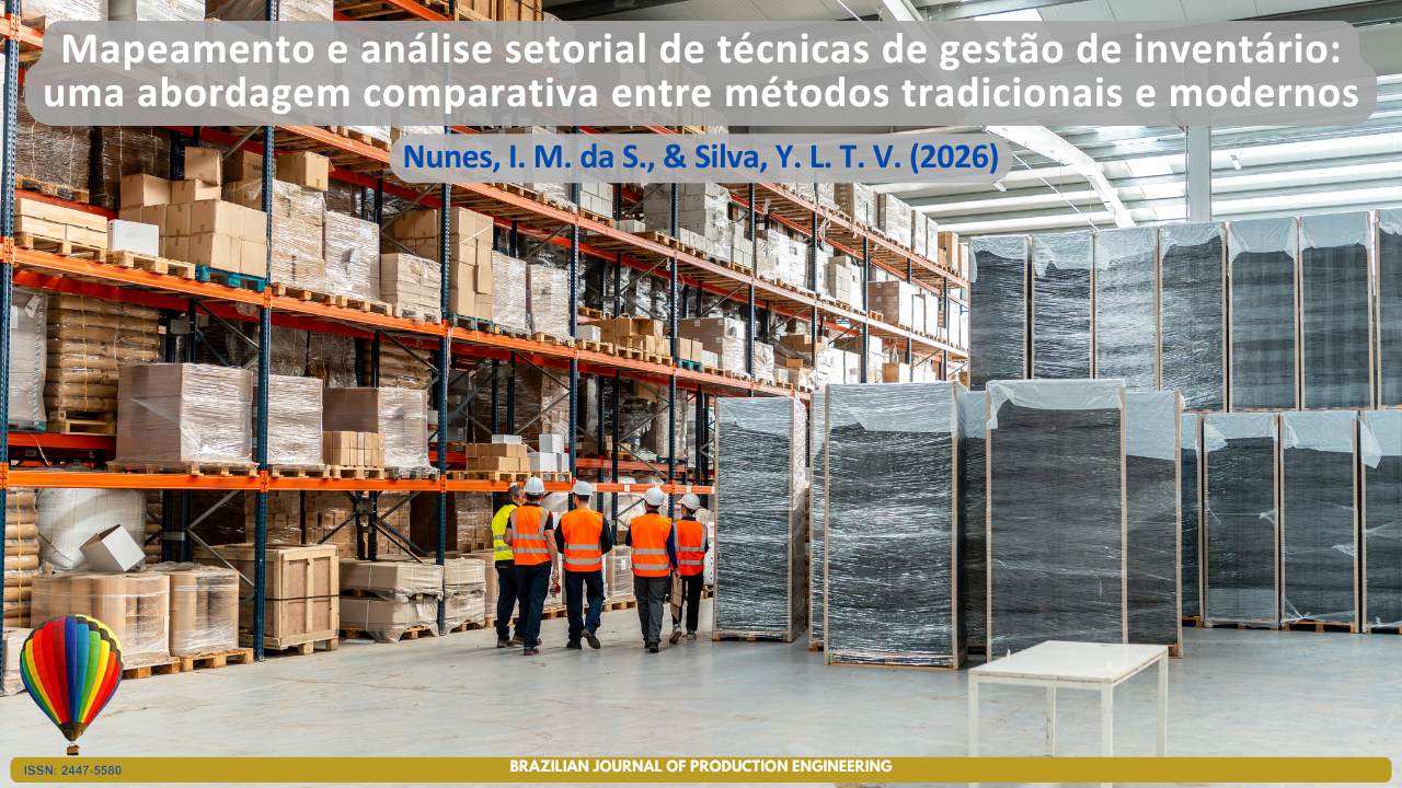 Capa do artigo "Mapeamento e análise setorial de técnicas de gestão de inventário: uma abordagem comparativa entre métodos tradicionais e modernos". A imagem mostra um amplo centro de armazenagem com estantes elevadas repletas de produtos paletizados e uma equipe de trabalhadores realizando atividades de inspeção e gestão no armazém. A cena simboliza os processos de controle de estoques, a organização logística e a evolução das técnicas de gestão de inventário, desde métodos convencionais até abordagens modernas apoiadas por dados e tecnologias digitais.