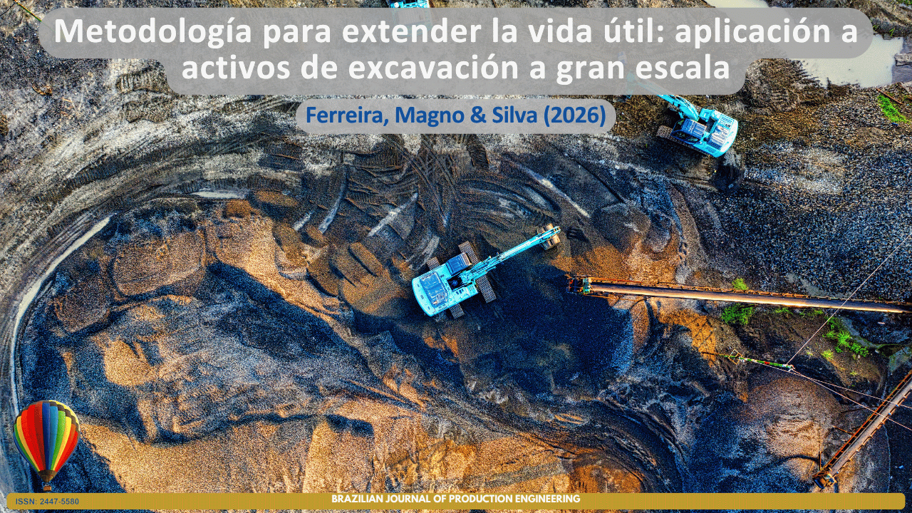 La imagen presenta una vista aérea de una operación minera a cielo abierto, mostrando excavadoras hidráulicas de gran porte trabajando sobre amplios frentes de excavación y acopios de material, junto con estructuras de transporte asociadas al proceso productivo. La composición visual resalta la magnitud de los activos de excavación y hace referencia a los desafíos relacionados con la confiabilidad, el mantenimiento y la gestión del ciclo de vida de equipos pesados. El escenario simboliza la aplicación de metodologías para extender la vida útil de los activos mediante análisis de datos de vida, ingeniería de mantenimiento y toma de decisiones basada en el desempeño operativo, con el objetivo de aumentar la disponibilidad, reducir costos y optimizar la productividad. En la parte superior se presenta el título del artículo “Metodología de aumento de vida útil: aplicación en activos de escavación de gran porte”, seguido de los autores Ferreira, Magno & Silva (2026). En la parte inferior se muestra la identificación de la Brazilian Journal of Production Engineering y el ISSN de la revista.