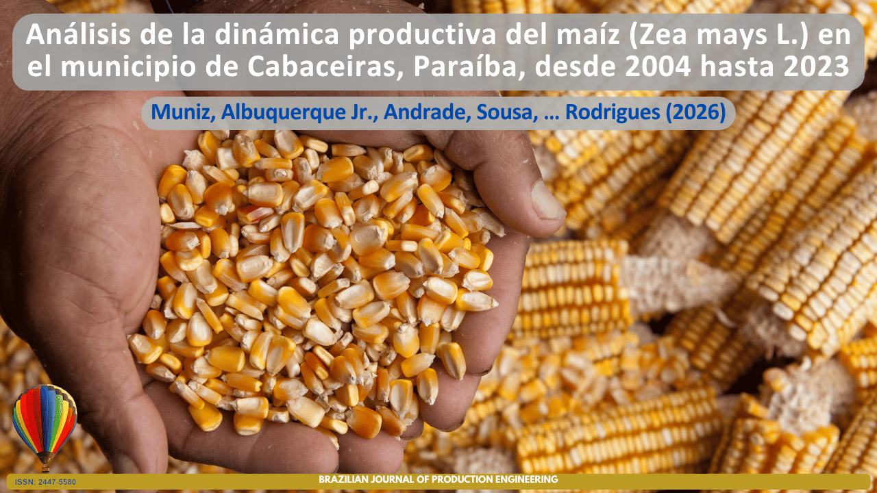 Portada del artículo "Análisis de la dinámica productiva del maíz (Zea mays L.) en el municipio de Cabaceiras, Paraíba, durante el período de 2004 a 2023". La imagen muestra unas manos sosteniendo granos de maíz frente a mazorcas almacenadas al fondo, simbolizando la producción agrícola, la productividad del cultivo de maíz y el análisis de la evolución de esta actividad a lo largo del tiempo en una importante región semiárida de Brasil.