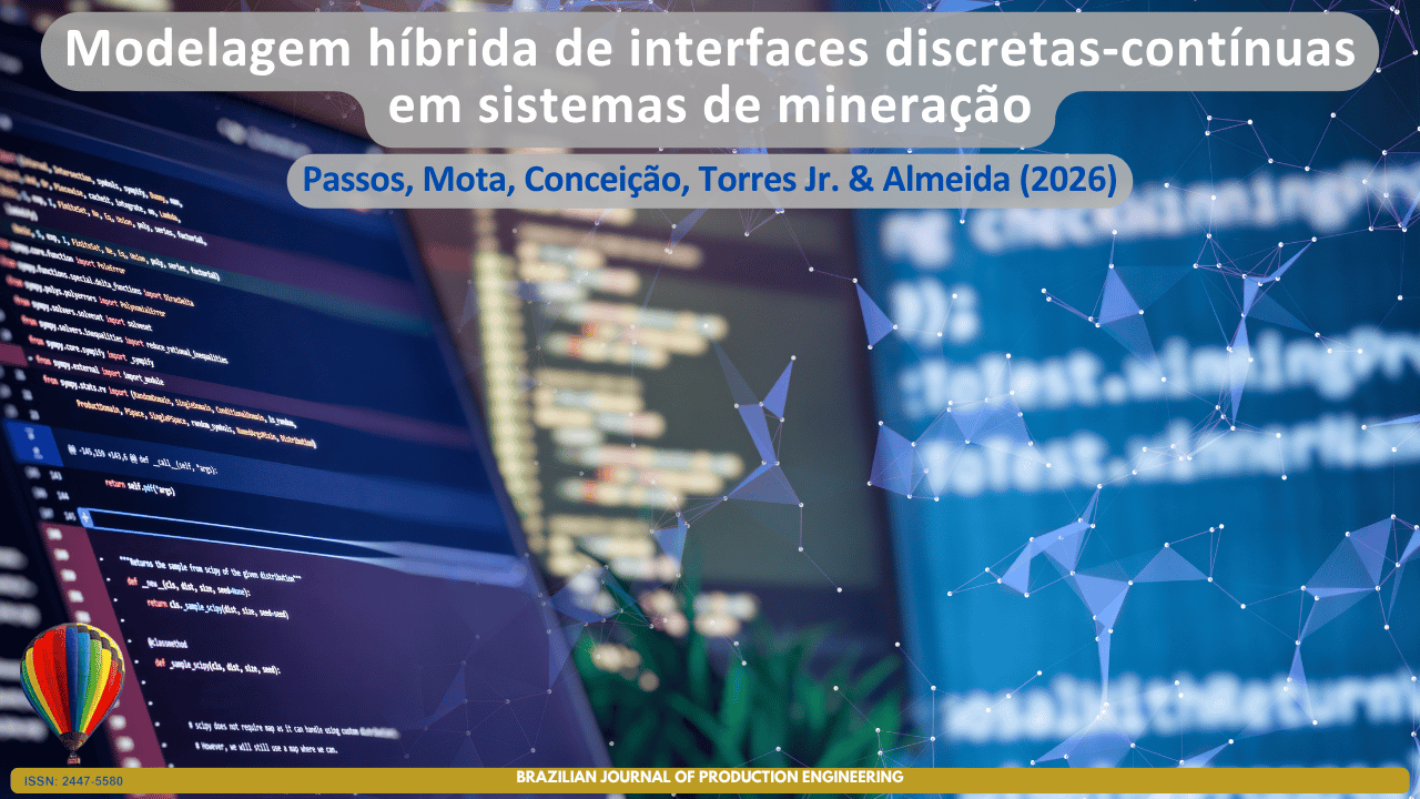 Imagem que apresenta um ambiente tecnológico com telas exibindo códigos de programação e estruturas computacionais em primeiro plano, sobrepostas por uma malha de conexões digitais e elementos gráficos que remetem à modelagem matemática, simulação e integração de dados. A composição visual simboliza o desenvolvimento de modelos híbridos para representar interfaces discreto-contínuas em sistemas de mineração, evidenciando a convergência entre ciência computacional, engenharia, algoritmos e análise de processos complexos. Os elementos gráficos reforçam conceitos de transformação digital, modelagem computacional e apoio à tomada de decisão em ambientes industriais de alta complexidade. Na parte superior, encontra-se o título do artigo “Hybrid modelling of discrete-continuous interfaces in mining systems”, seguido dos autores Passos, Mota, Conceição, Torres Jr. & Almeida (2026). Na parte inferior, consta a identificação da Brazilian Journal of Production Engineering e o ISSN da revista.