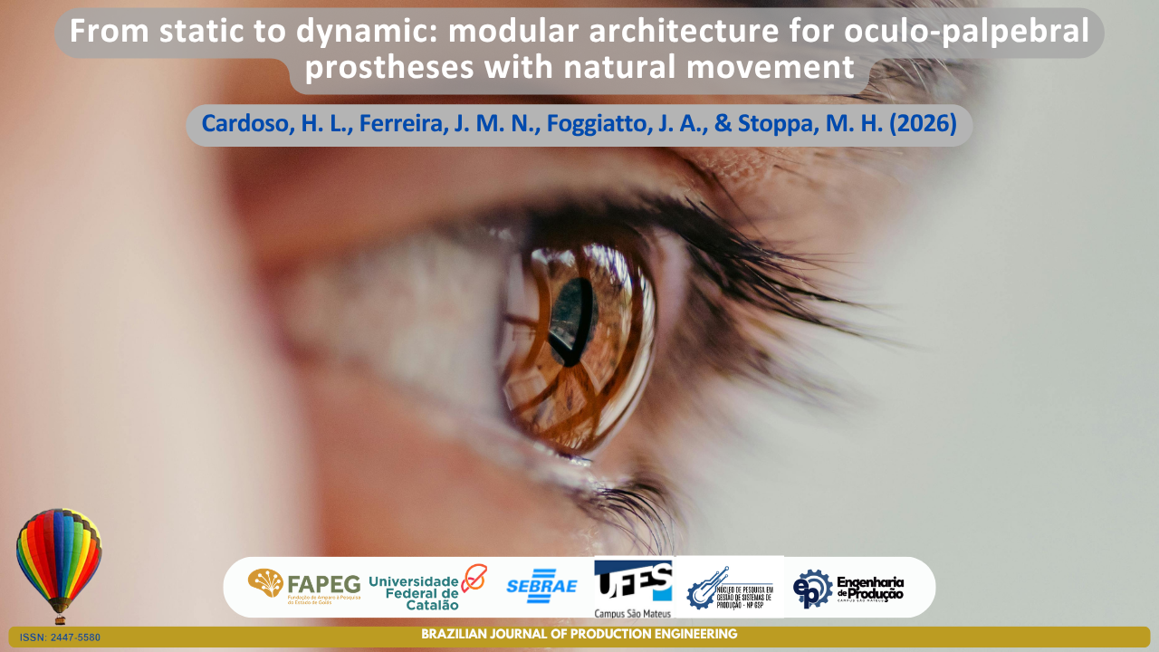 The image presents a close-up view of a human brown eye, highlighting details of the iris, eyelashes, and periocular region. The visual composition symbolizes ocular functionality, facial aesthetics, and the challenges associated with the rehabilitation of patients requiring oculopalpebral prostheses. The image refers to the development of biomedical solutions aimed at restoring both appearance and natural dynamics of the eye region, emphasizing the pursuit of more realistic and synchronized eyelid movements. At the top, the article title “From Static to Dynamic: Modular Architecture for Oculopalpebral Prostheses with Natural Movement” is displayed, followed by the authors Cardoso, H. L., Ferreira, J. M. N., Foggiatto, J. A., and Stoppa, M. H. (2026). At the bottom, the logos of partner institutions are shown, along with the identification of the Brazilian Journal of Production Engineering and the journal’s ISSN.