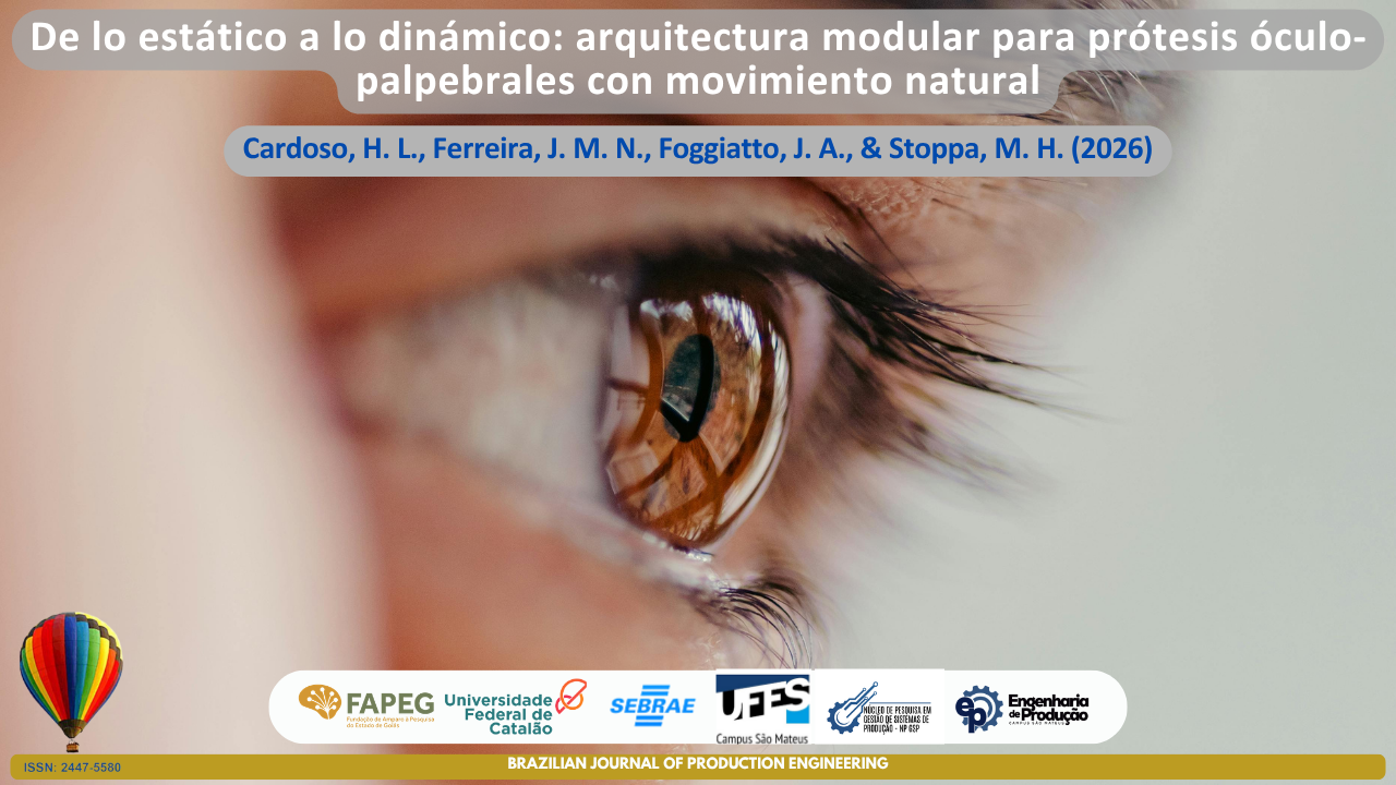 La imagen muestra un primer plano de un ojo humano de color marrón, destacando detalles del iris, las pestañas y la región periocular. La composición visual simboliza la funcionalidad ocular, la estética facial y los desafíos asociados con la rehabilitación de pacientes que requieren prótesis óculo-palpebrales. La imagen hace referencia al desarrollo de soluciones biomédicas orientadas a restaurar tanto la apariencia como la dinámica natural de la región ocular, enfatizando la búsqueda de movimientos palpebrales más realistas y sincronizados. En la parte superior se presenta el título del artículo “De lo estático a lo dinámico: arquitectura modular para prótesis óculo-palpebrales con movimiento natural”, seguido de los autores Cardoso, H. L., Ferreira, J. M. N., Foggiatto, J. A., y Stoppa, M. H. (2026). En la parte inferior se muestran los logotipos de las instituciones asociadas y la identificación de la Brazilian Journal of Production Engineering, junto con el ISSN de la revista.