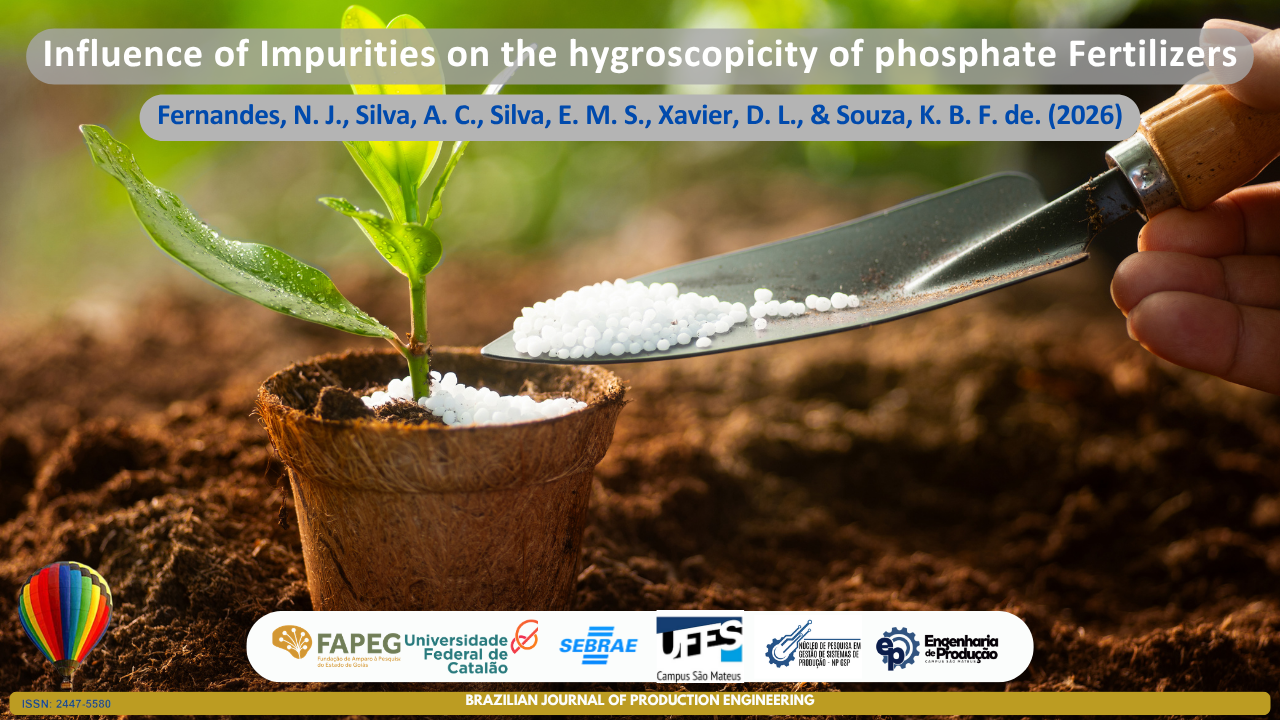 The image depicts a young seedling growing in a small biodegradable pot placed on agricultural soil, while phosphate fertilizer granules are being applied with a metal scoop. The visual composition symbolizes plant nutrition, soil fertilization, and the factors influencing the agronomic efficiency of fertilizers. The emphasis on the white granules near the plant refers to the study of hygroscopicity and the impact of impurities on the physical properties of phosphate fertilizers, an important topic for storage, handling, and field performance. At the top, the article title “Influence of Impurities on the Hygroscopicity of Phosphate Fertilizers” is displayed, followed by the authors Fernandes, N. J., Silva, A. C., Silva, E. M. S., Xavier, D. L., and Souza, K. B. F. de. (2026). At the bottom, the logos of partner institutions, the identification of the Brazilian Journal of Production Engineering, and the journal’s ISSN are shown.