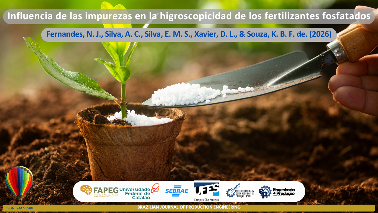 La imagen muestra una plántula en crecimiento plantada en una pequeña maceta biodegradable sobre suelo agrícola, mientras se aplican gránulos de fertilizante fosfatado con una pala metálica. La composición visual simboliza la nutrición vegetal, la fertilización del suelo y los factores que influyen en la eficiencia agronómica de los fertilizantes. El énfasis en los gránulos blancos cercanos a la planta hace referencia al estudio de la higroscopicidad y al impacto de las impurezas en las propiedades físicas de los fertilizantes fosfatados, un tema relevante para el almacenamiento, la manipulación y el desempeño en campo. En la parte superior se presenta el título del artículo “Influencia de las impurezas en la higroscopicidad de los fertilizantes fosfatados”, seguido de los autores Fernandes, N. J., Silva, A. C., Silva, E. M. S., Xavier, D. L., y Souza, K. B. F. de. (2026). En la parte inferior aparecen los logotipos de las instituciones asociadas, la identificación de la Brazilian Journal of Production Engineering y el ISSN de la revista.