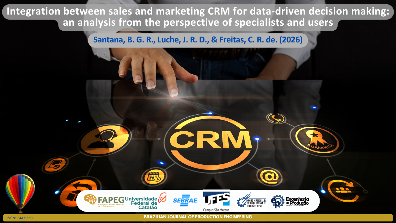 The image depicts a digital CRM (Customer Relationship Management) interface projected onto an interactive surface, while a person interacts with the virtual elements through touch. At the center of the composition, the term “CRM” is highlighted and surrounded by icons related to customers, communication, customer service, guarantees, contact management, and customer relationship activities. The visual representation symbolizes the integration of sales and marketing, the management of strategic information, and the use of data to support organizational decision-making. The image refers to the analysis of specialists’ and users’ perceptions regarding the integrated use of CRM systems as a tool for process optimization, knowledge generation, and support for business strategies. At the top, the article title “Integration Between Sales and Marketing CRM for Data-Driven Decision-Making: An Analysis from the Perspective of Specialists and Users” is displayed, followed by the authors Santana, B. G. R., Luche, J. R. D., and Freitas, C. R. de. (2026). At the bottom, the logos of partner institutions, the identification of the Brazilian Journal of Production Engineering, and the journal’s ISSN are shown.