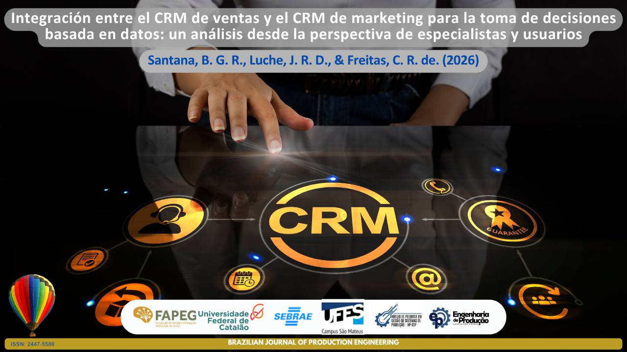La imagen presenta una interfaz digital de CRM (Customer Relationship Management) proyectada sobre una superficie interactiva, mientras una persona interactúa con los elementos virtuales mediante el tacto. En el centro de la composición destaca el término “CRM”, rodeado de íconos relacionados con clientes, comunicación, atención al cliente, garantía, gestión de contactos y relaciones con los consumidores. La representación visual simboliza la integración entre ventas y marketing, la gestión de información estratégica y el uso de datos para respaldar la toma de decisiones organizacionales. La imagen hace referencia al análisis de la percepción de especialistas y usuarios sobre el uso integrado de sistemas CRM como herramienta para la optimización de procesos, la generación de conocimiento y el apoyo a las estrategias empresariales. En la parte superior se presenta el título del artículo “Integración entre CRM de ventas y marketing para la toma de decisiones basada en datos: análisis desde la perspectiva de especialistas y usuarios”, seguido de los autores Santana, B. G. R., Luche, J. R. D., y Freitas, C. R. de. (2026). En la parte inferior aparecen los logotipos de las instituciones asociadas, la identificación de la Brazilian Journal of Production Engineering y el ISSN de la revista.