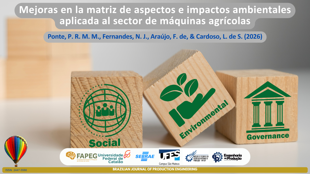 Tres bloques de madera están dispuestos sobre una superficie clara, cada uno representando una dimensión de la sostenibilidad. El primer bloque muestra la palabra “Social”, ilustrada con figuras humanas dentro de un globo; el bloque central presenta “Environmental”, acompañado por una mano que sostiene hojas verdes; y el tercero exhibe “Governance”, representado por un edificio institucional con columnas. Otros bloques desenfocados al fondo refuerzan la idea de estructura e integración. En la parte superior de la portada aparece el título “Melhorias na matriz de aspectos e impactos ambientais aplicada ao setor de máquinas agrícolas”, seguido por los autores Ponte, P. R. M. M., Fernandes, N. J., Araújo, F. de, & Cardoso, L. de S. (2026).